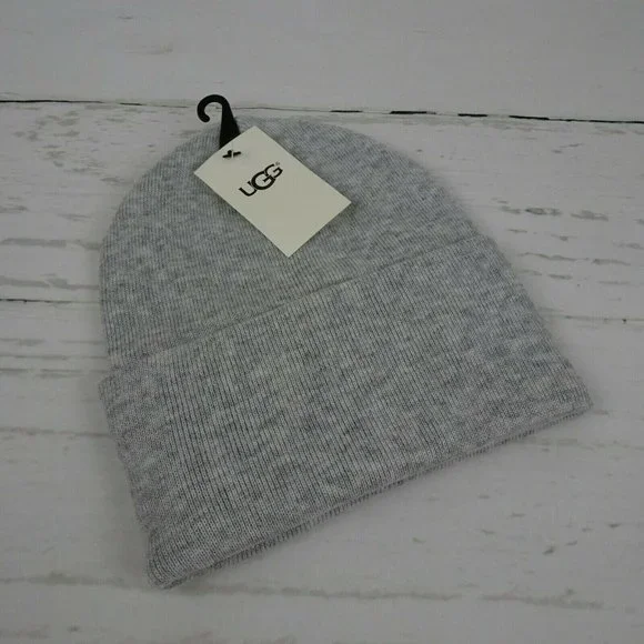 New UGG Solid Folded Cuff Beanie Women's Men's Unisex Wool-Blend Logo OS Gray - Picture 2 of 9